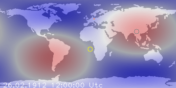 Weltkarte mit Gezeitenpotential für den 26. Februar 1912