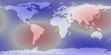 Weltkarte mit Gezeitenpotential für den 26. Februar 1950